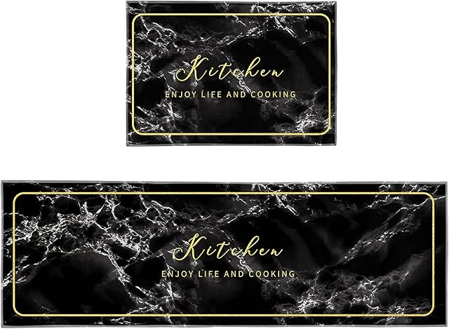 Kitchen Rug, 2 Pieces Non Slip kitchen mat sets, Washable Kitchen Mats runner rugs For Kitchen, Entryway, Hallway (Black Marble, 40x120cm+40x60cm)