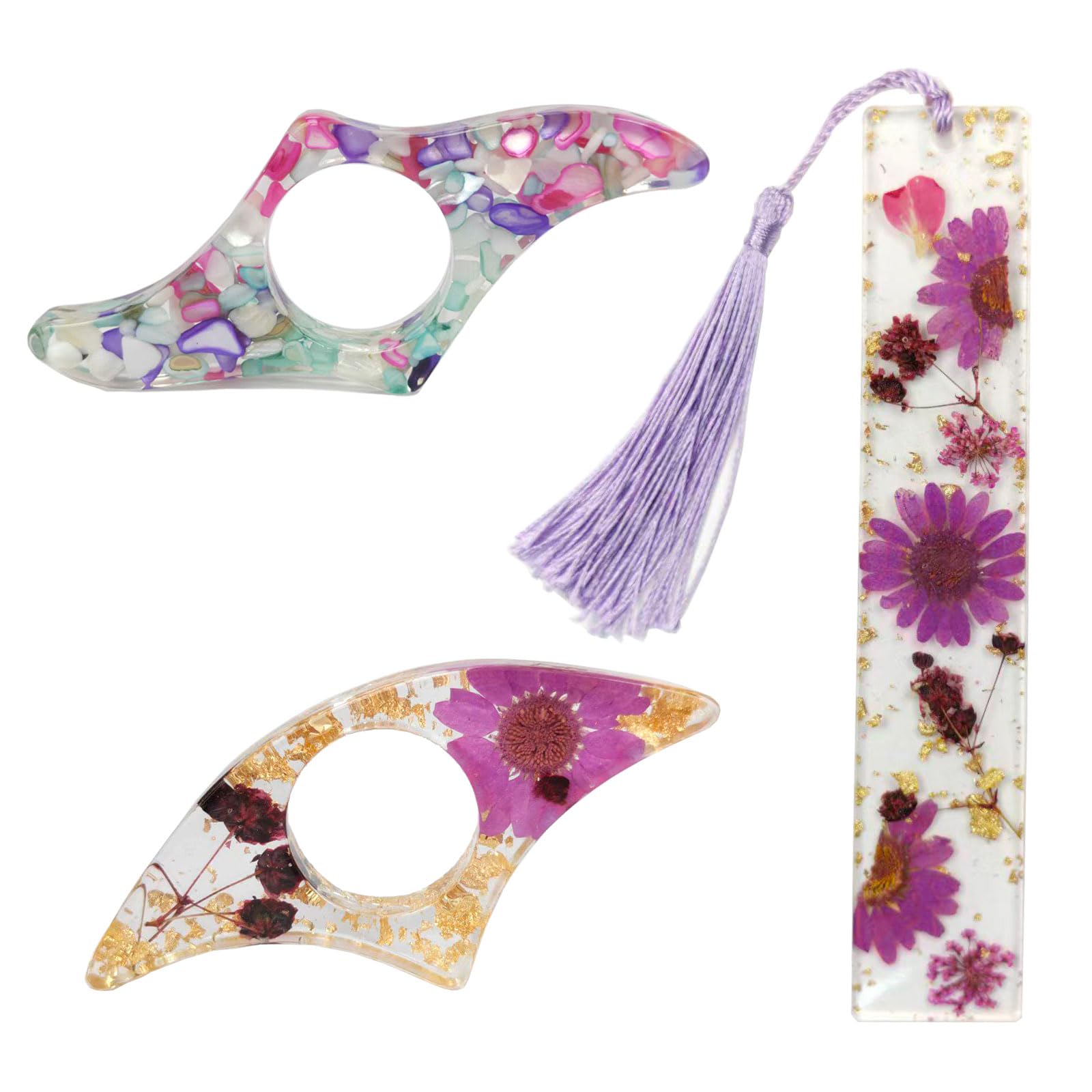 3PCS Book Page Holder Bookmarks,Resin Flower Book Mark with Tassel and Thumb Page Holder,Cute Personalised Rhinestones Bookmark for Women Teachers Book Reading Lovers (Purple)