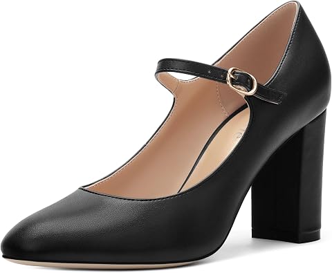 Womens Mary Jane Pumps, Womens Closed Round Toe Block Chunky High Heels Back Strap Party Dress Office High Heel Shoes 3.15 Inch