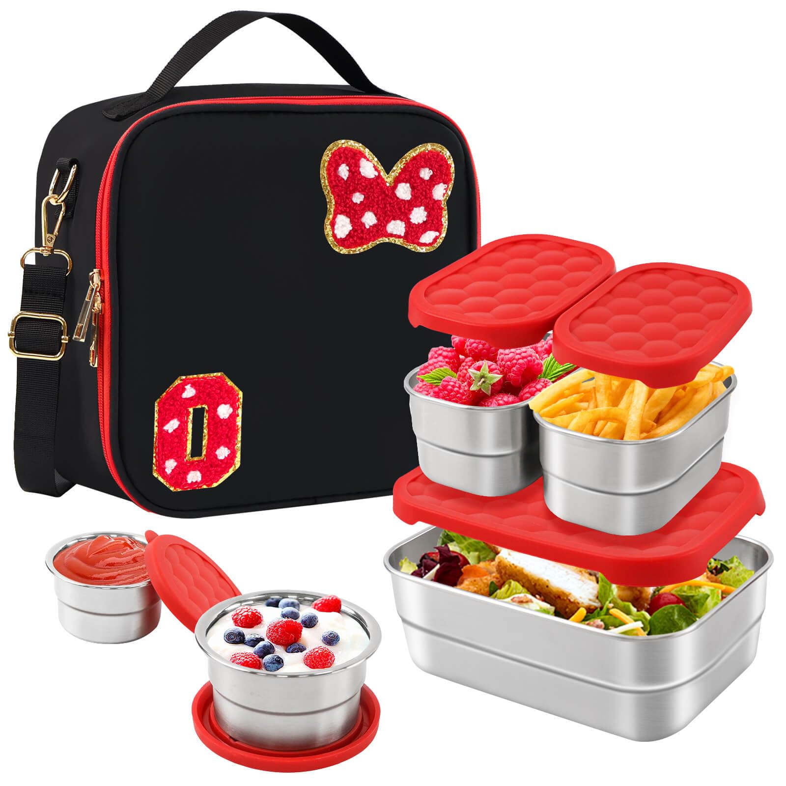 Insulated Lunch Box Set, Bow Mouse Preppy Initial Lunch Bag With Stainless Steel Bento Box, Cooler Snack Food Containers Back To School Gift Girls Teens Kid Women For Picnic Park Work Travel Black O