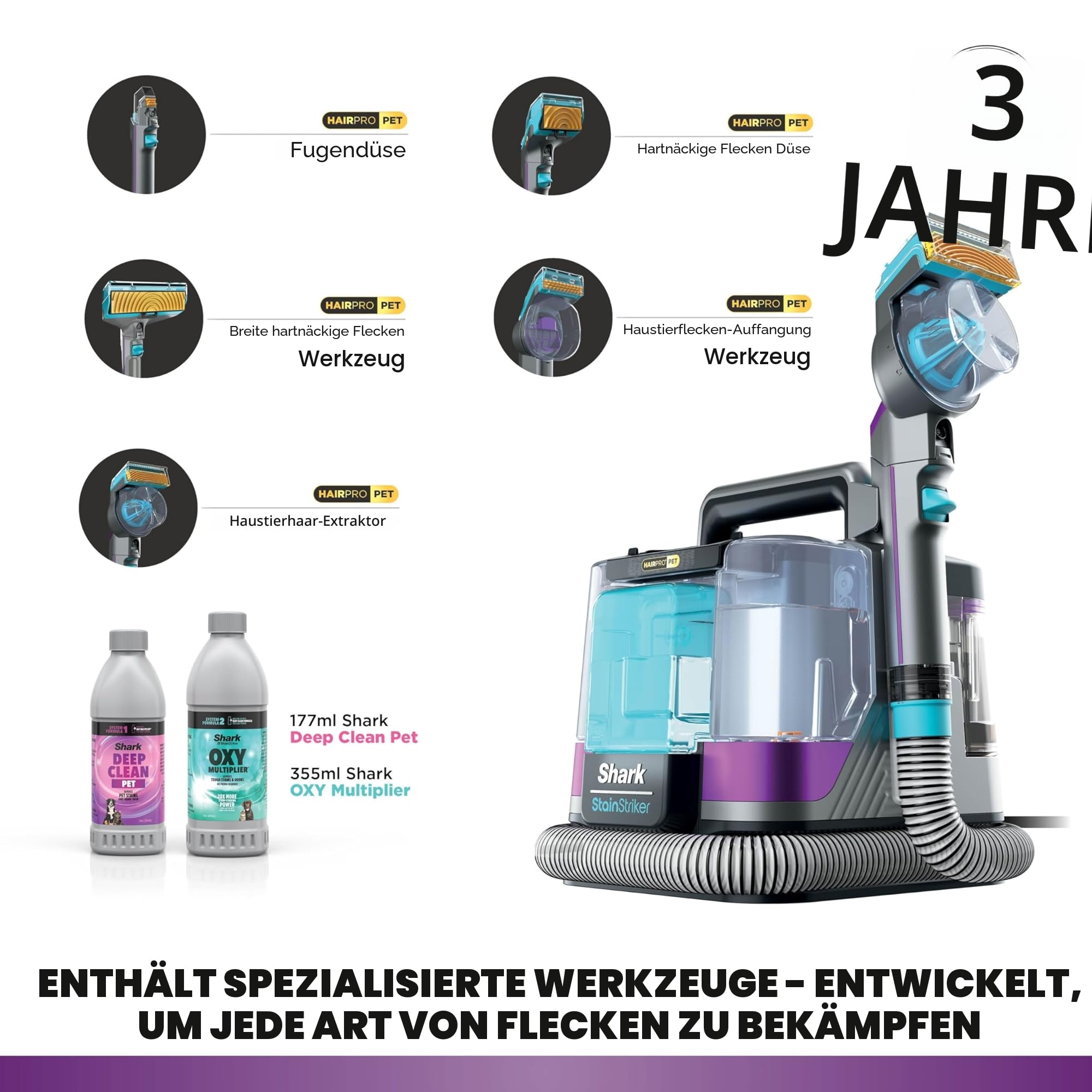 Shark StainStriker HairPro Haustierfleckenreiniger, 450 W starke Saugkraft, Anti-Verstopfungs-Haarentferner, entfernt hartnäckige Flecken und Gerüche, leicht und