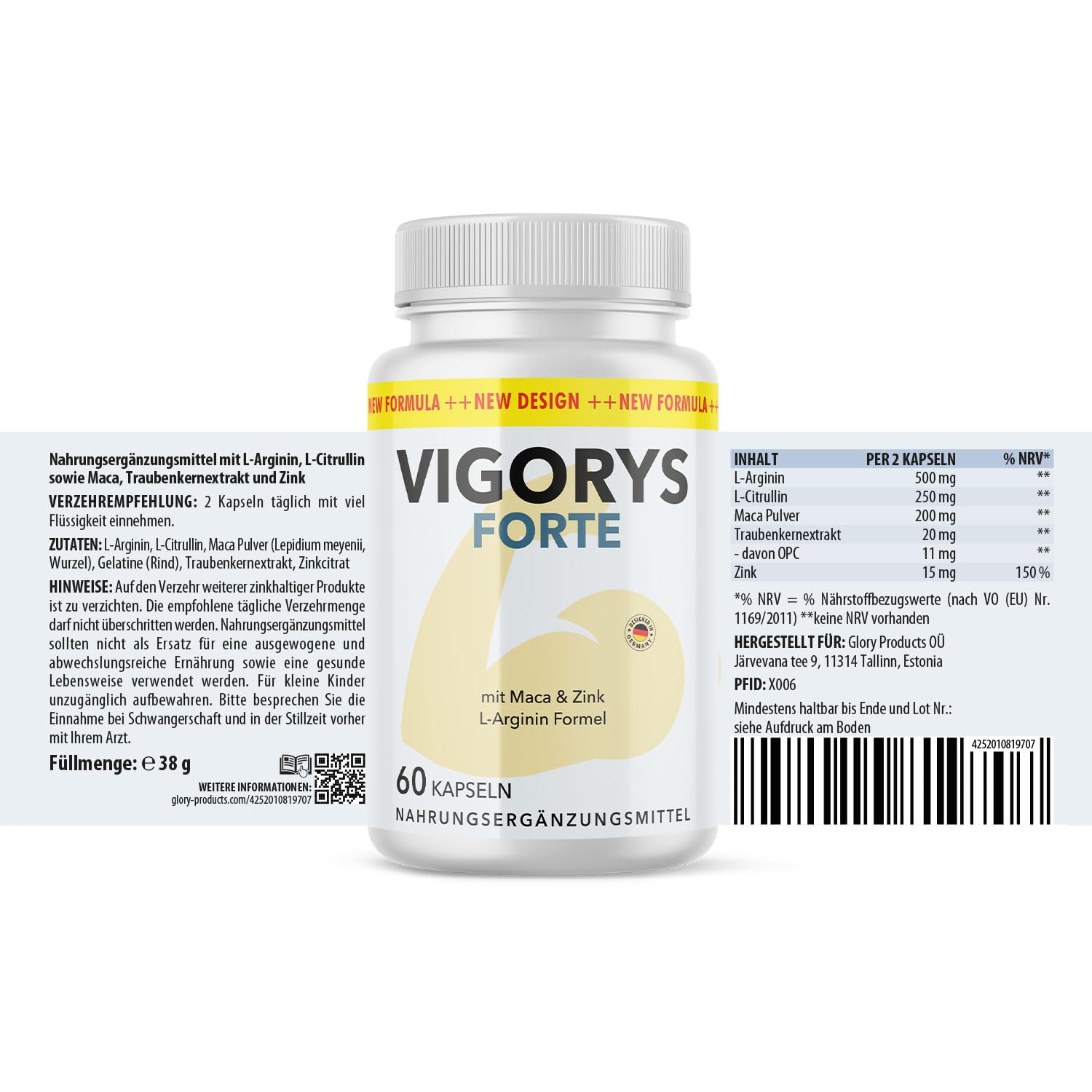 Vigorys Forte Kapseln | mit L-Arginin, L-Citrullin sowie Maca, Traubenkernextrakt und Zink | 60 Kapseln Inhalt pro Dose