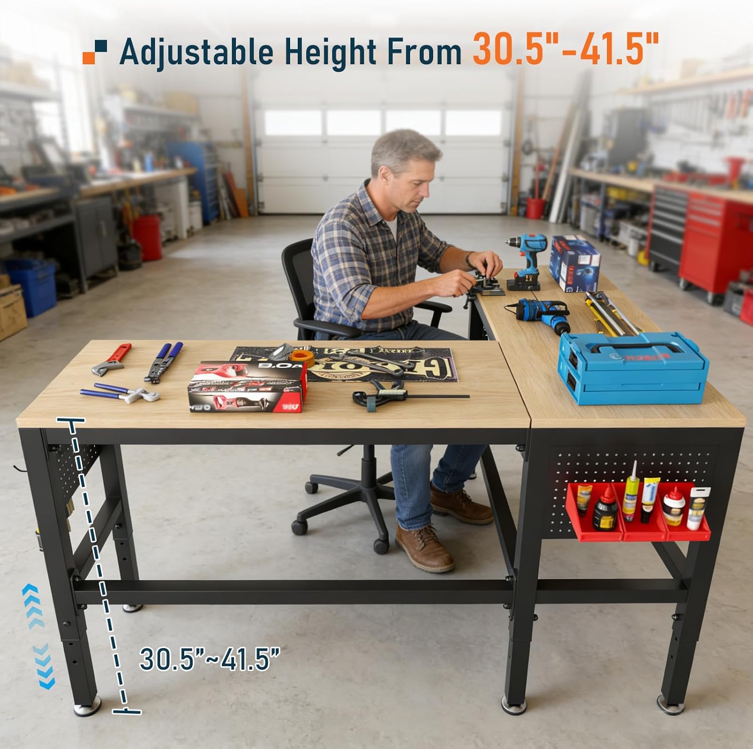 56"x 48"L Shaped Adjustable Workbench with Power Outlets, Heavy Duty Work Table with Pegboard, 6000LBS Load Capacity, Work Bench for Garage, Workshop, Home Office (L Shaped/56 x48)