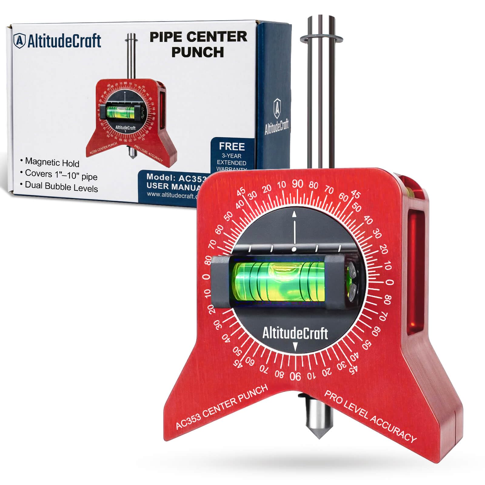 AltitudeCraft Pipe Center Finder Punch Tool – Magnetic With Bubble Level, Adjustable Dial, Fits 1–10" Pipes
