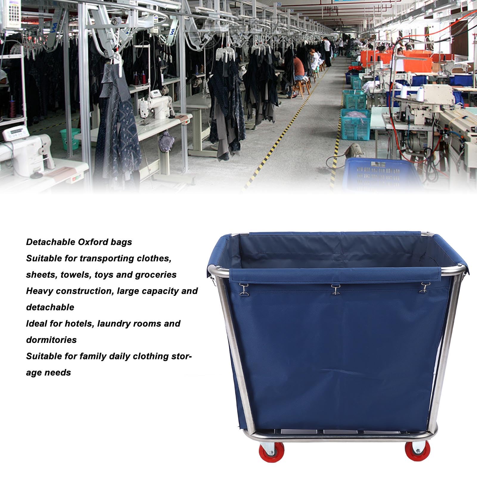 Jeffergarden Carro de Lavandería Comercial, Cesto de Lavandería con Ruedas de Acero Inoxidable con Bolsa Oxford Desmontable, Ruedas Silenciosas de Carga de 120 Kg de Capacidad de 350 L, para Hoteles,