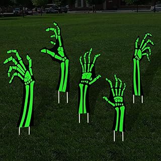 5 Pack Halloween Reflective Black Skeleton Hands Yard Signs with Stakes Glow in the Dark for Outdoor Yard Lawn Garden Hall...