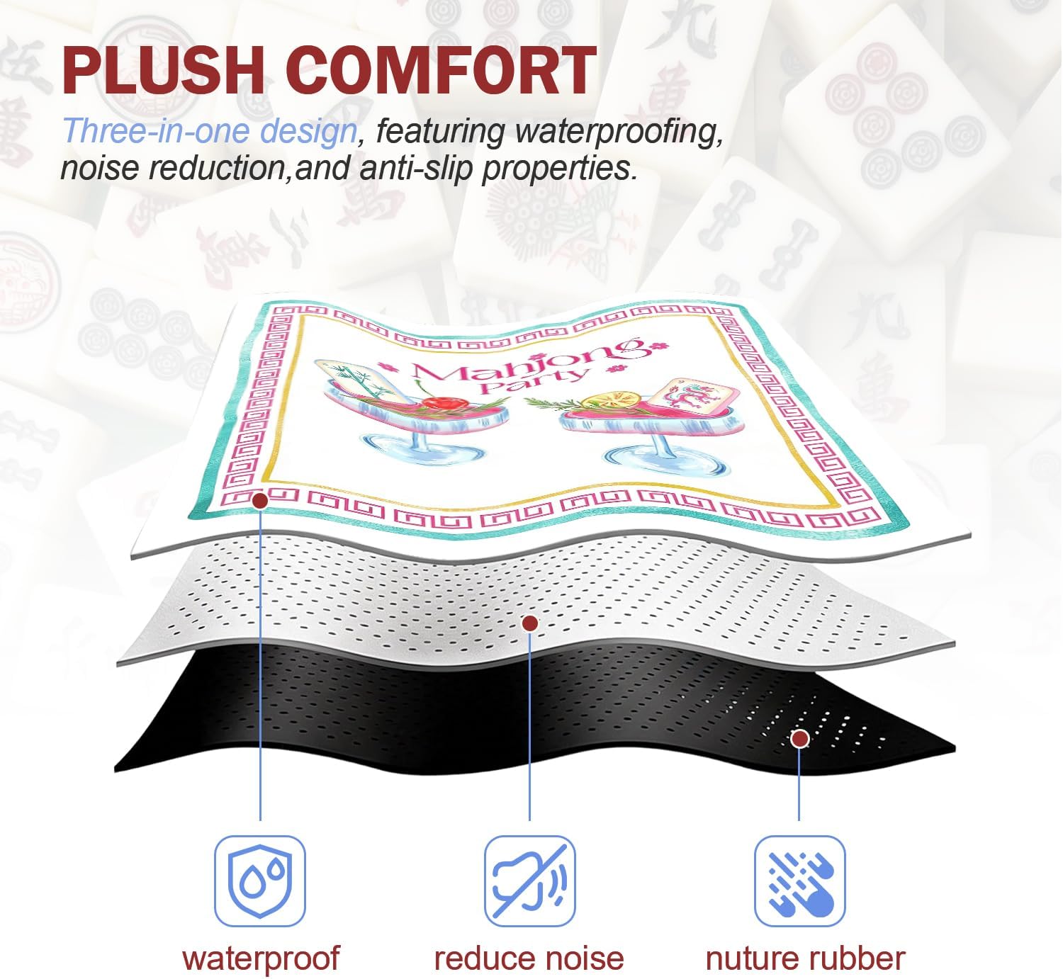 Pink and Blue Chinoiserie Cocktail Mahjong Mat for Table 31.5 x 31.5 in, Cocktail Lovers Gifts Non-Slip Noise Reduction Game Table Cover for American Mahjong Card Board Tile Games