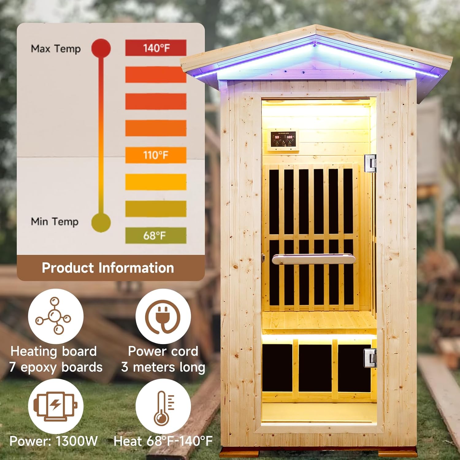 1 Person Outdoor Far Infrared Sauna Room, 1550W Spruce Wood Low EMF Indoor Home Sauna Built-in 7 Epoxy Heating Plate, Temperature Control Panel, Speaker and Color Light (35.4 * 35.4 * 81.1 in)
