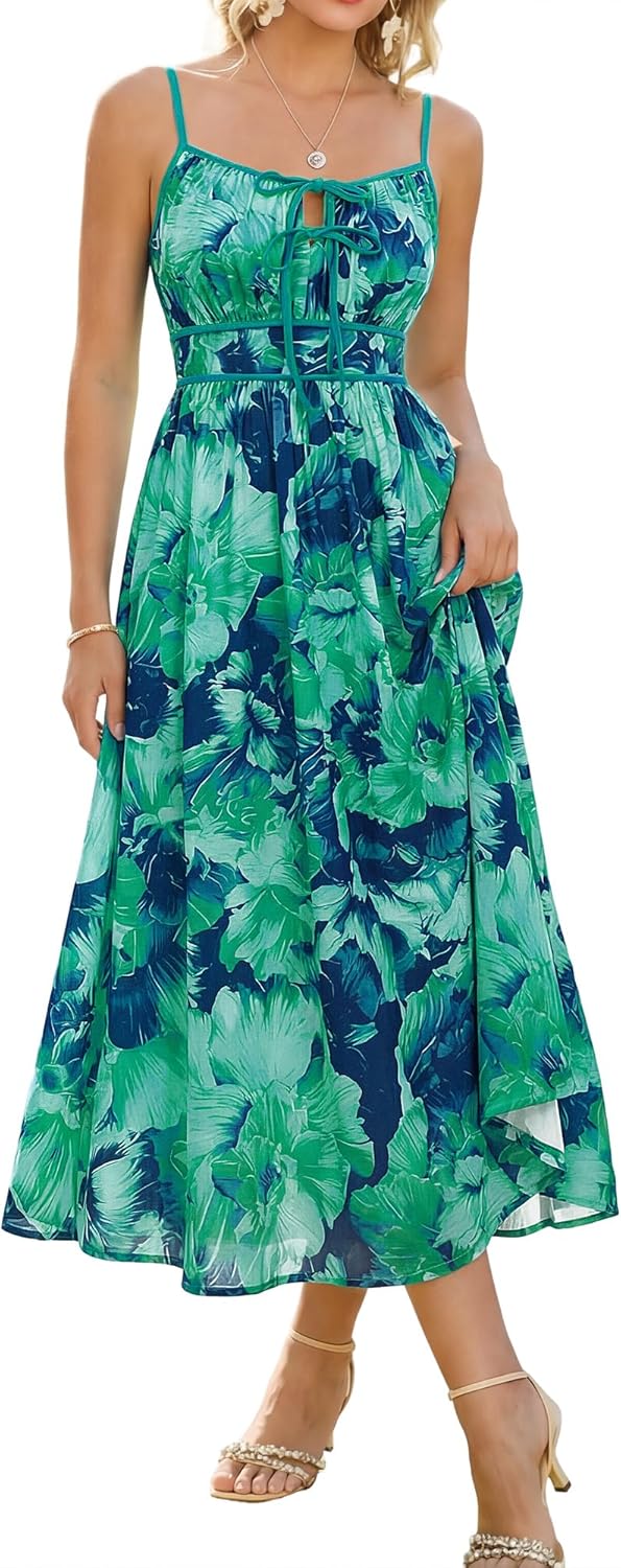 GRACE KARIN 2026 Women's Summer Maxi Dresses, Tie Front Floral Boho Dress, Spaghetti Strap Sundress with Pockets