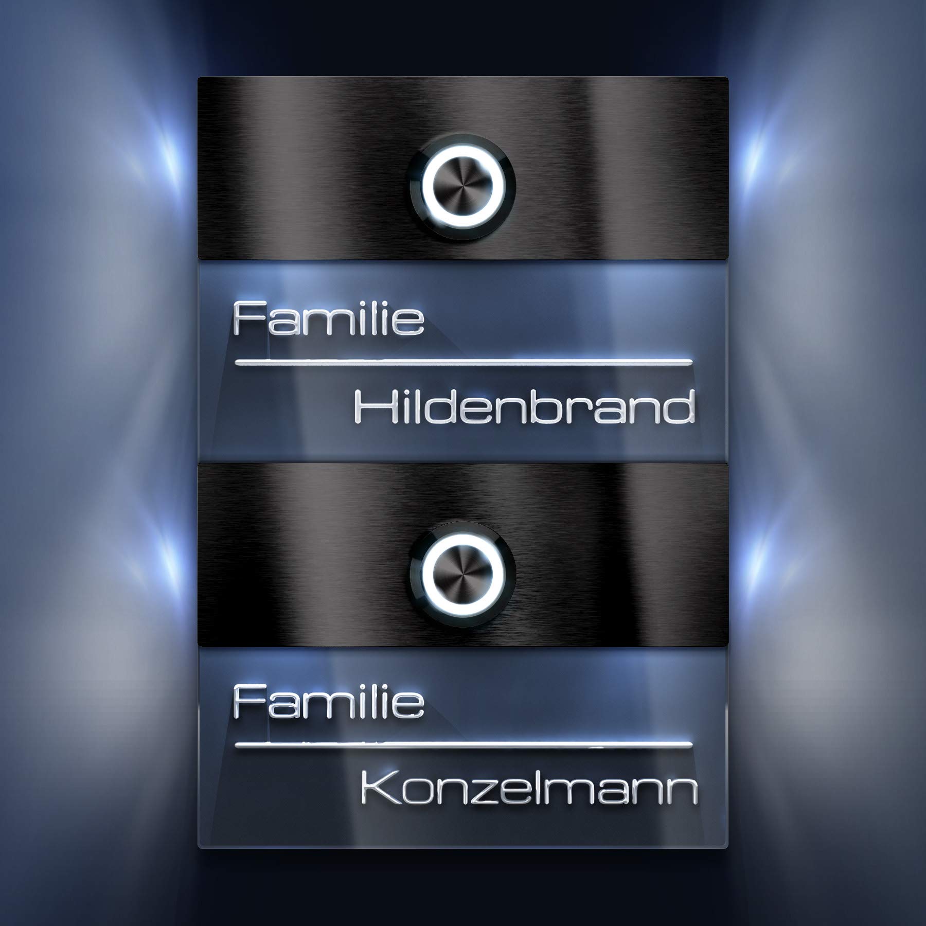Metzler® Türklingel 2-Fach mit LED-Taster und beleuchtetem 3D-Acrylglas-Namensschild, Edelstahl V2A in Anthrazit (RAL 7016), für Unterputzmontage, Witterungsbeständig, IP67, 110 x 160 mm