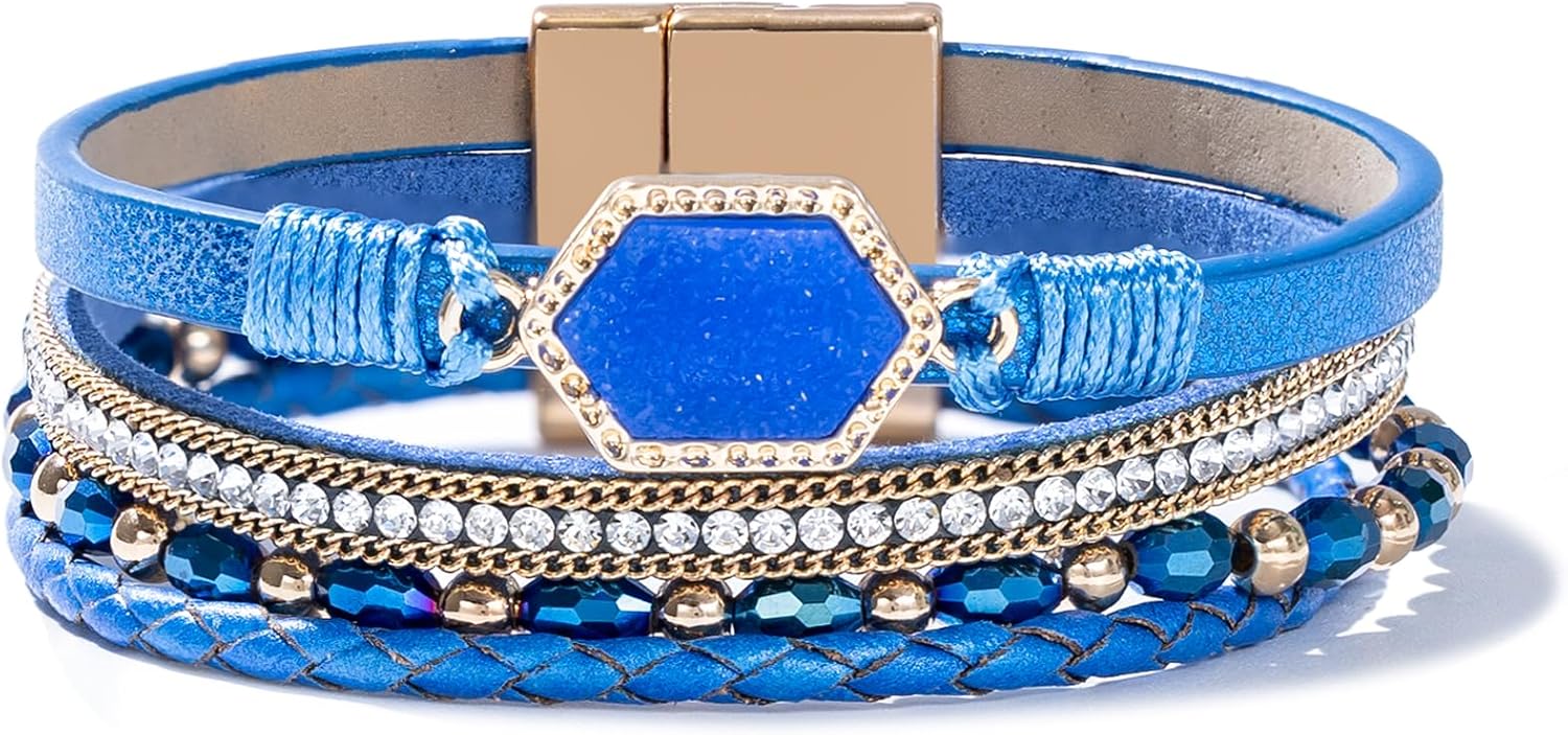 FANCY SHINY Crystal Beaded Leather Wrap Bracelet Stackable Boho Jewelry for Women Resin Stone Bangle Cuff with Magnetic Clasp