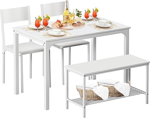 DlandHome Juego de mesa de comedor para 4 personas, mesa de comedor con 2 sillas y 1 banco, mesa de comedor rectangular que ahorra espacio con dos