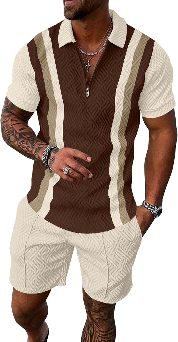 Trajes de chándal de verano para hombre conjuntos de pantalones cortos de 2 piezas conjuntos de sudadera de manga corta 1/4 camisas de rayas empalmadas de polo de golf con cremallera