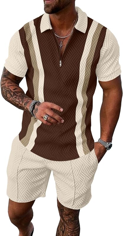 Trajes de chándal de verano para hombre conjuntos de pantalones cortos de 2 piezas conjuntos de buzo de manga corta 1/4 camisas de rayas empalmadas de polo de golf con cremallera