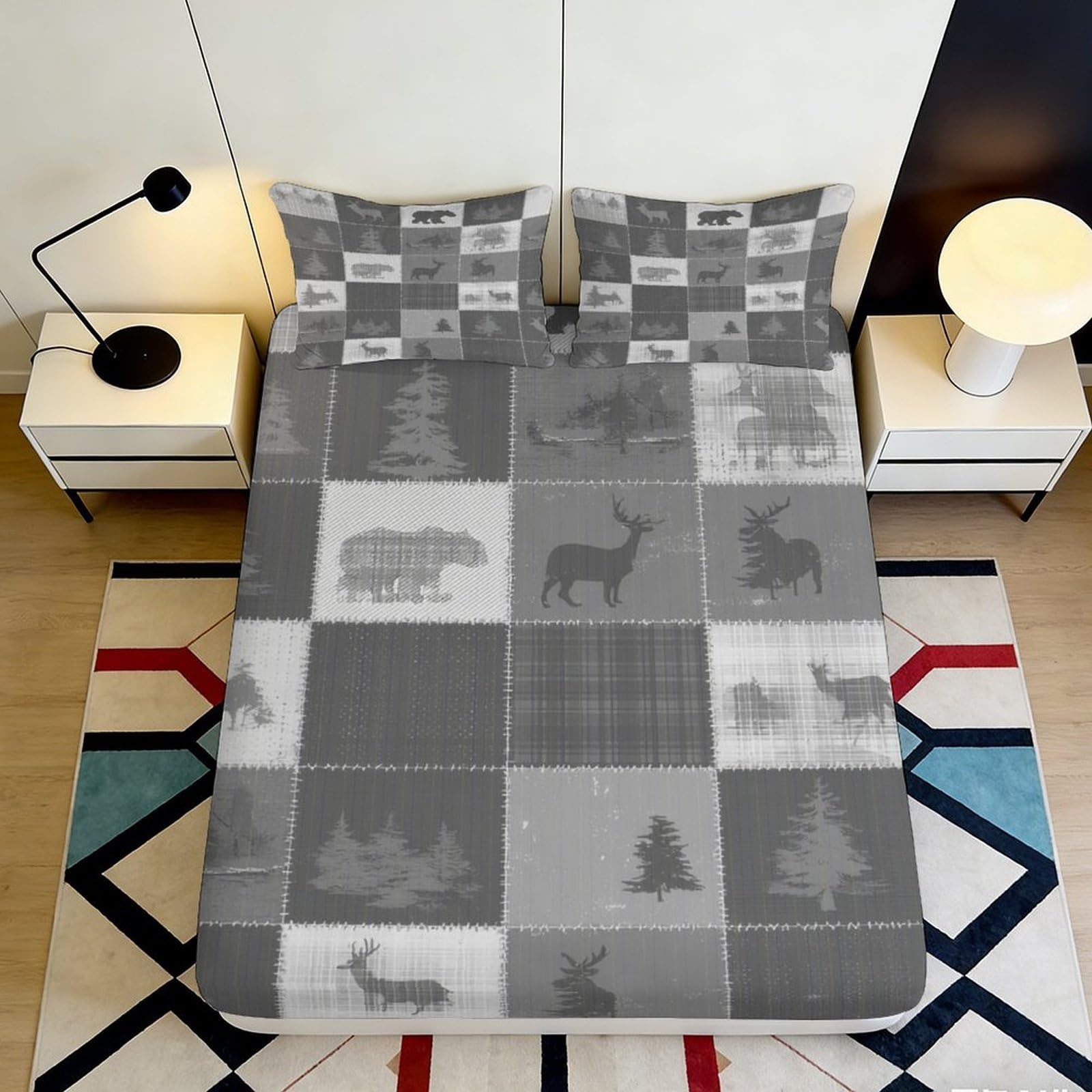 3D Printed Forest Patchwork Fitted Sheet Microfiber Grey Elk Plaid Mattress Cover for Bedroom Guest Room Decor 200x200x25cm