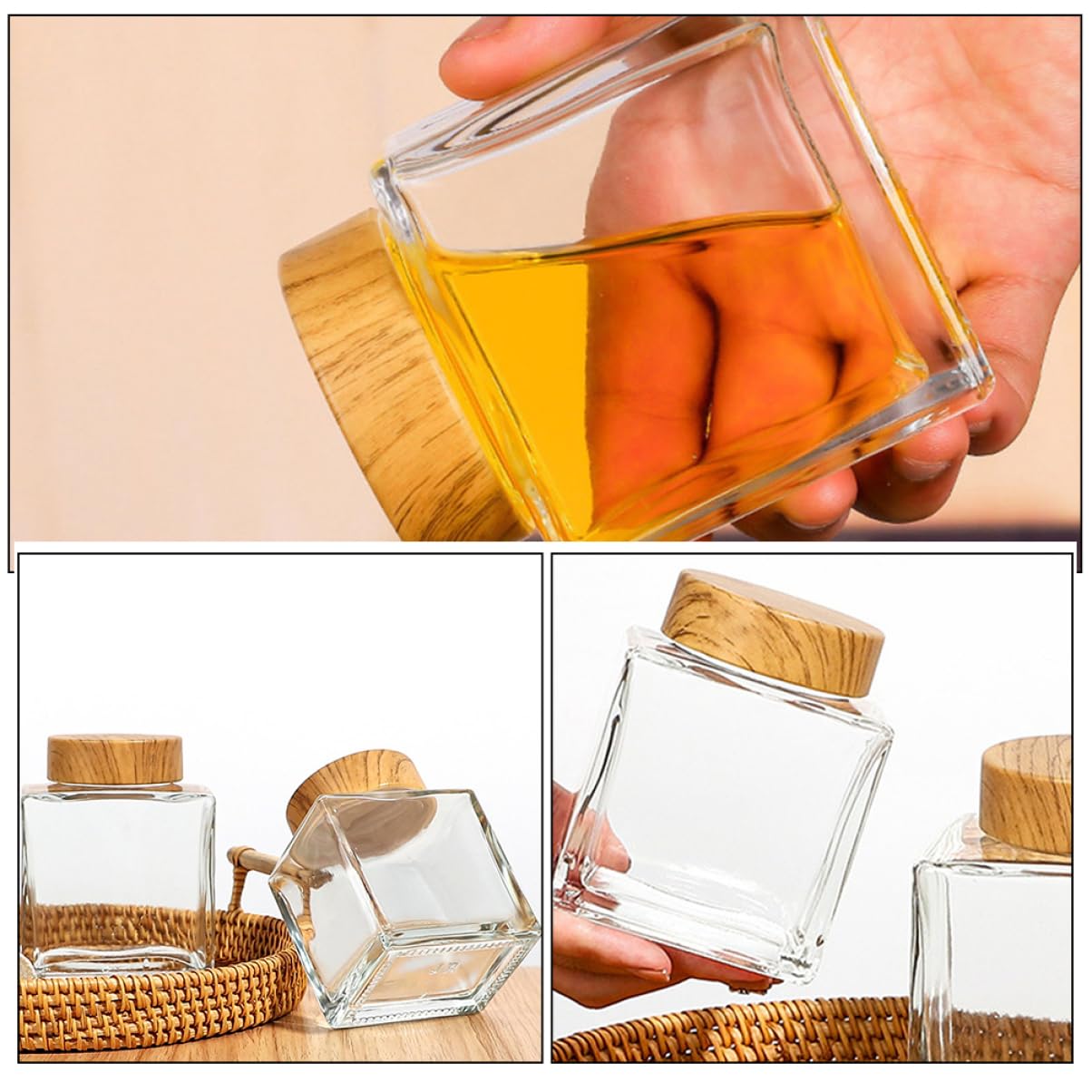 Tarros de Vidrio con Tapa de Madera Herméticos de 180ml, Paquete de 2 Unidades, Durabilidad Excepcional y Estructura Reforzada para Uso en Cocina