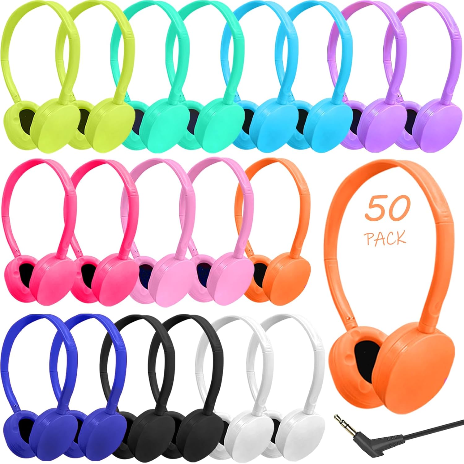 50 Pack Bulk Headphones for Classroom School Kids, Durable Wholesale Kids Headphones for Student Boys Girls Adults,3.5mm Jack for Computer Kindle Chromebook(10 Color)