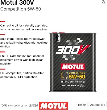 Motul 110859 300V 5W-50 COMPETITION Car Racing Motor Oil Full Synthetic Engine Lubricant 2 Liter High Performance 4-Stroke Ester Core