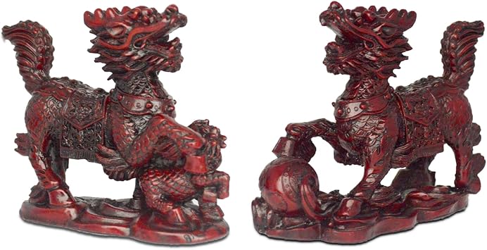 Fengshuibringluck Chinese Resin Qi Lin Chi Lin/Kylin Set Amulet Statue Home Prosperity Figurines, Red, FW5540