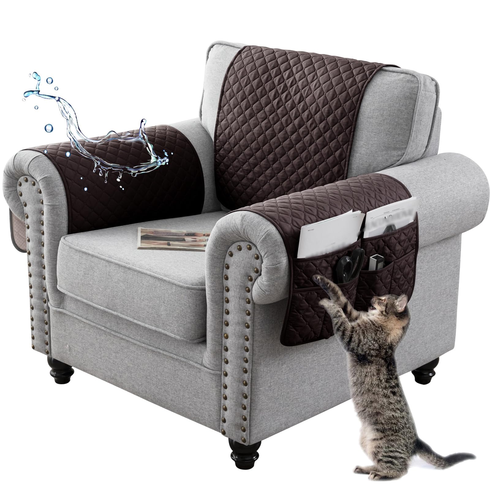 NNSMUN Sofa Armrest Cover, Headrest Cover for Recliner Chair Arm Cover, Armchair Slipcover Non Slip Quilted Furniture Protector for Sofa Recliner Armchair Cats Dogs (Dark Brown,1 Seater(3pcs))