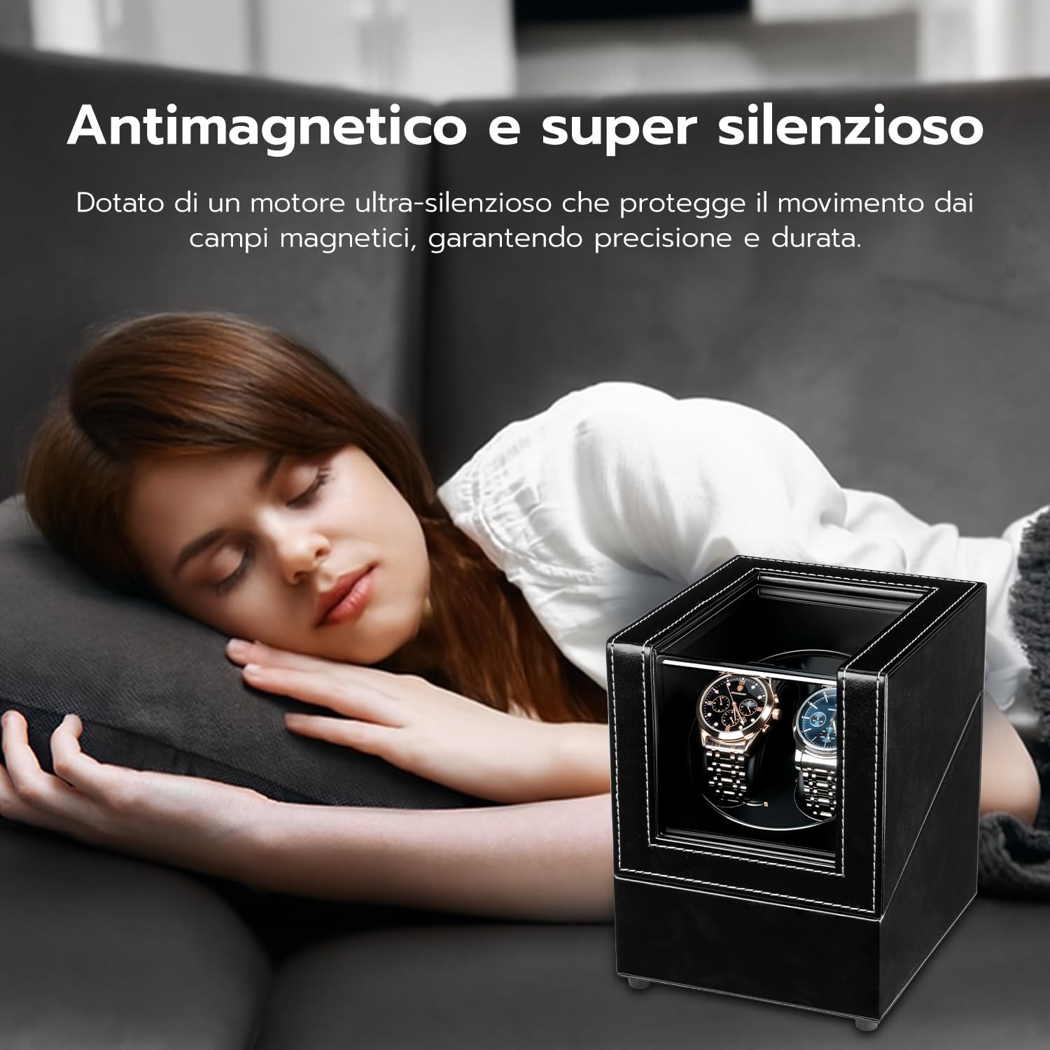 Mcbazel Winder per Orologi Doppio, Custodia per Orologi a Doppia Posizione in Pelle PU con 5 Modalità, Custodia Rotante Automatica con Ricarica USB e Luce LED Blu – Nera