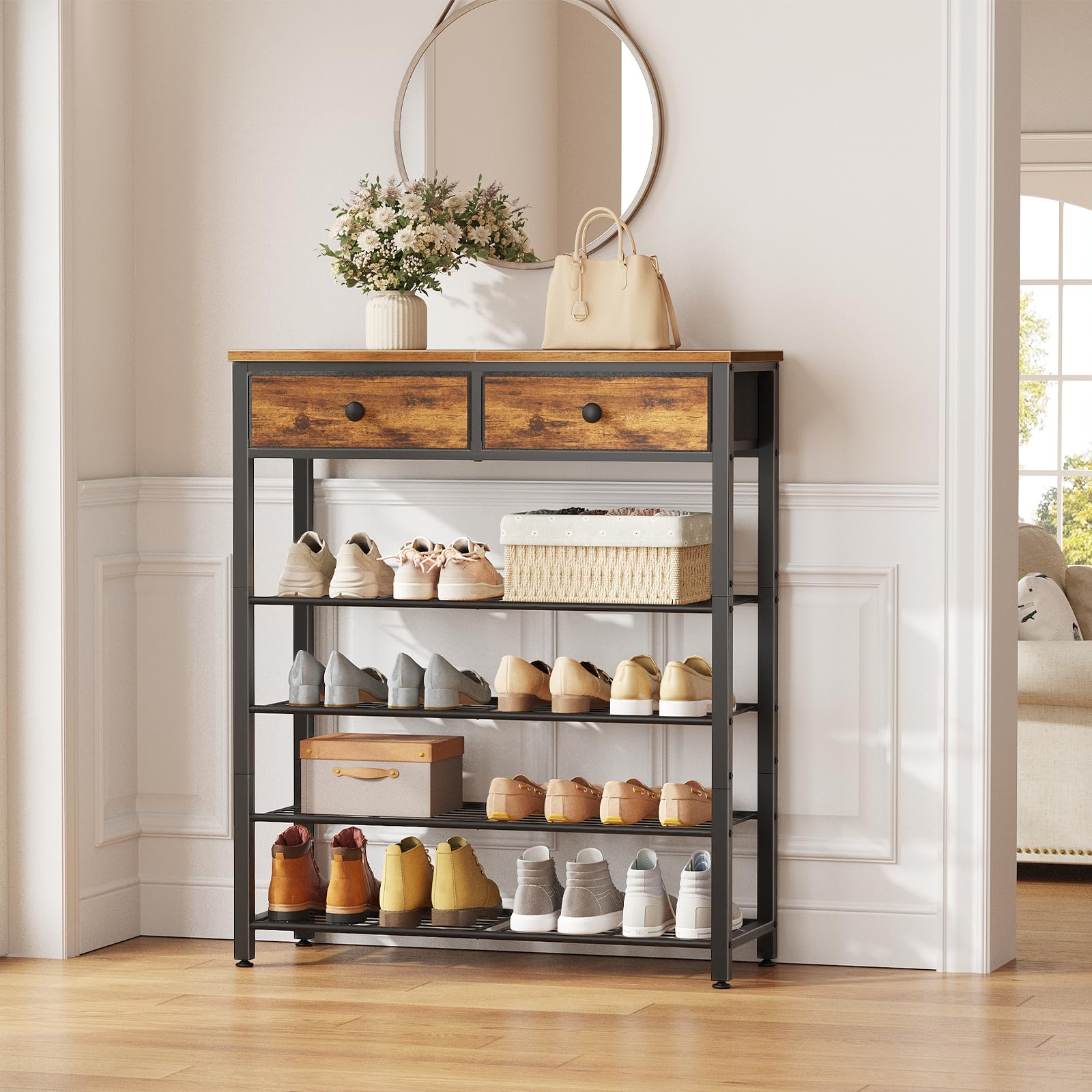 HOOBRO Étagère de Chaussures, Porte-Chaussures Étroit de 75 x 28 x 93 cm avec 2 Tiroirs et 4 Étagères Métalliques, Table d’Entrée, pour Entrée, Couloir, Balcon, Marron Rustique et Noir EBF178XJ01