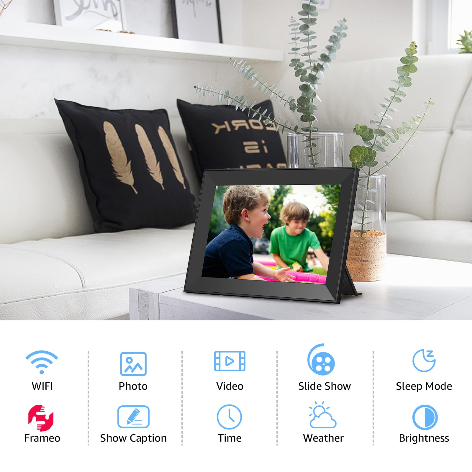 Cadre photo numérique Frameo WiFi avec écran tactile IPS de 10,1 pouces, charge des images dans un cadre photo numérique intelligent de 32 Go via l'application Frameo, rotation et copie de