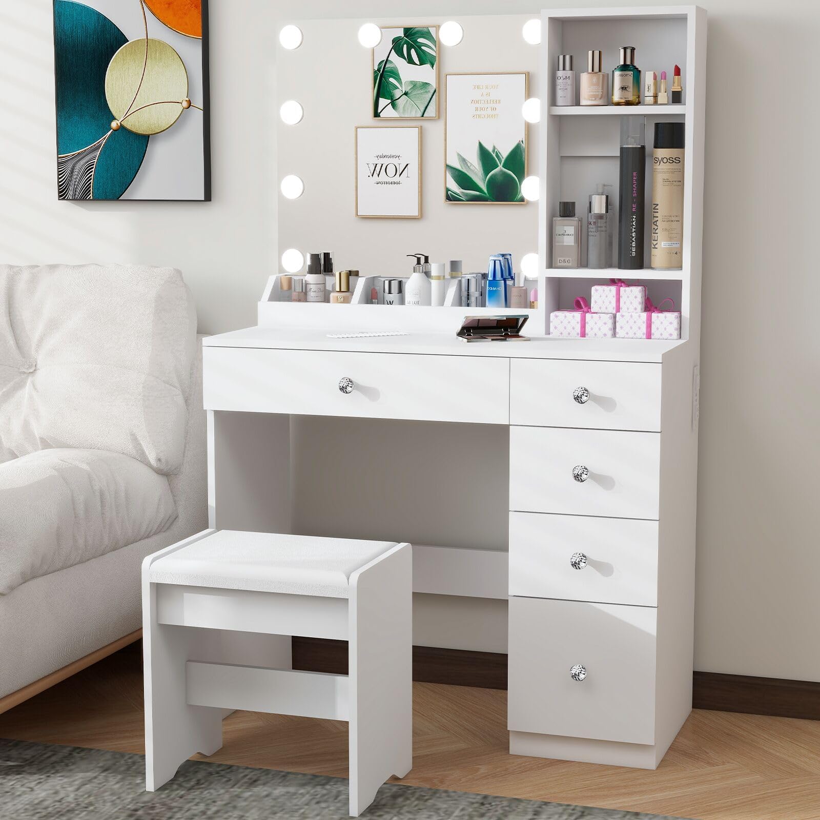 FUNISIR Makeup Vanity Desk with Lighted Mirror and Stool, Makeup Table Set with 3