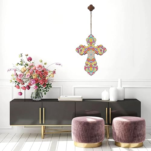 Miniatura 5 de Reofrey Kit de pintura artística de diamantes para colgar en cruz, colgante de cruz con forma especial, mandala con forma de cruz de diamantes de