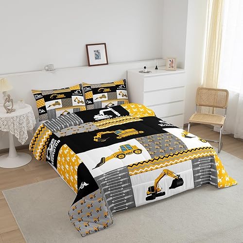 Miniatura 2 de Juego de edredón con diseño de excavadora, vehículos de construcción, equipos, camiones, juego de ropa de cama para niños y niñas, juego de edredón