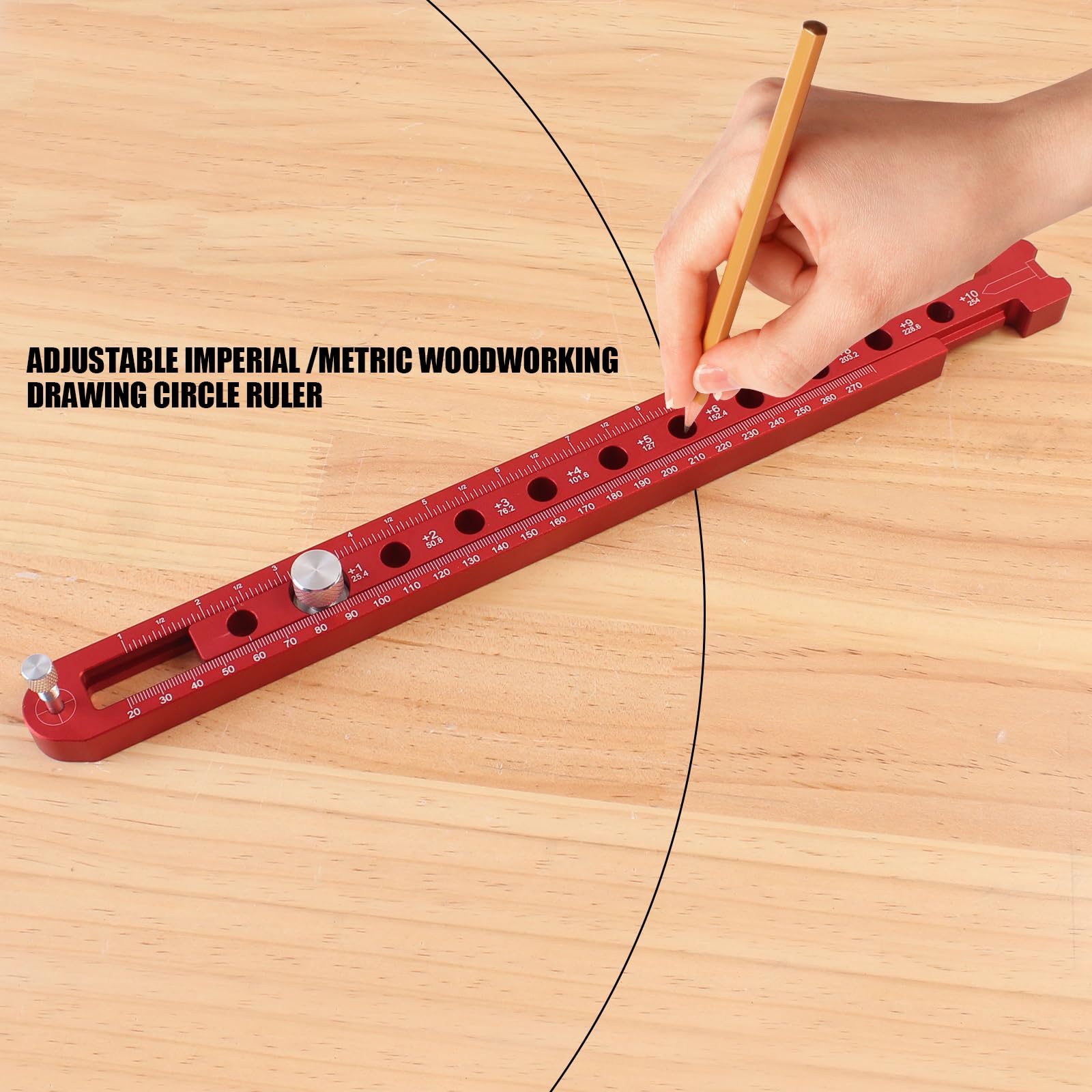 Woodworking Compass Scriber, Dual-Scale Alloy Circle Drawing Ruler, Red Scriber Tool for Woodworking, Metric/Imperial Adjustable Compass Tool for Carpenters and Craftsmen — Amazon image 3