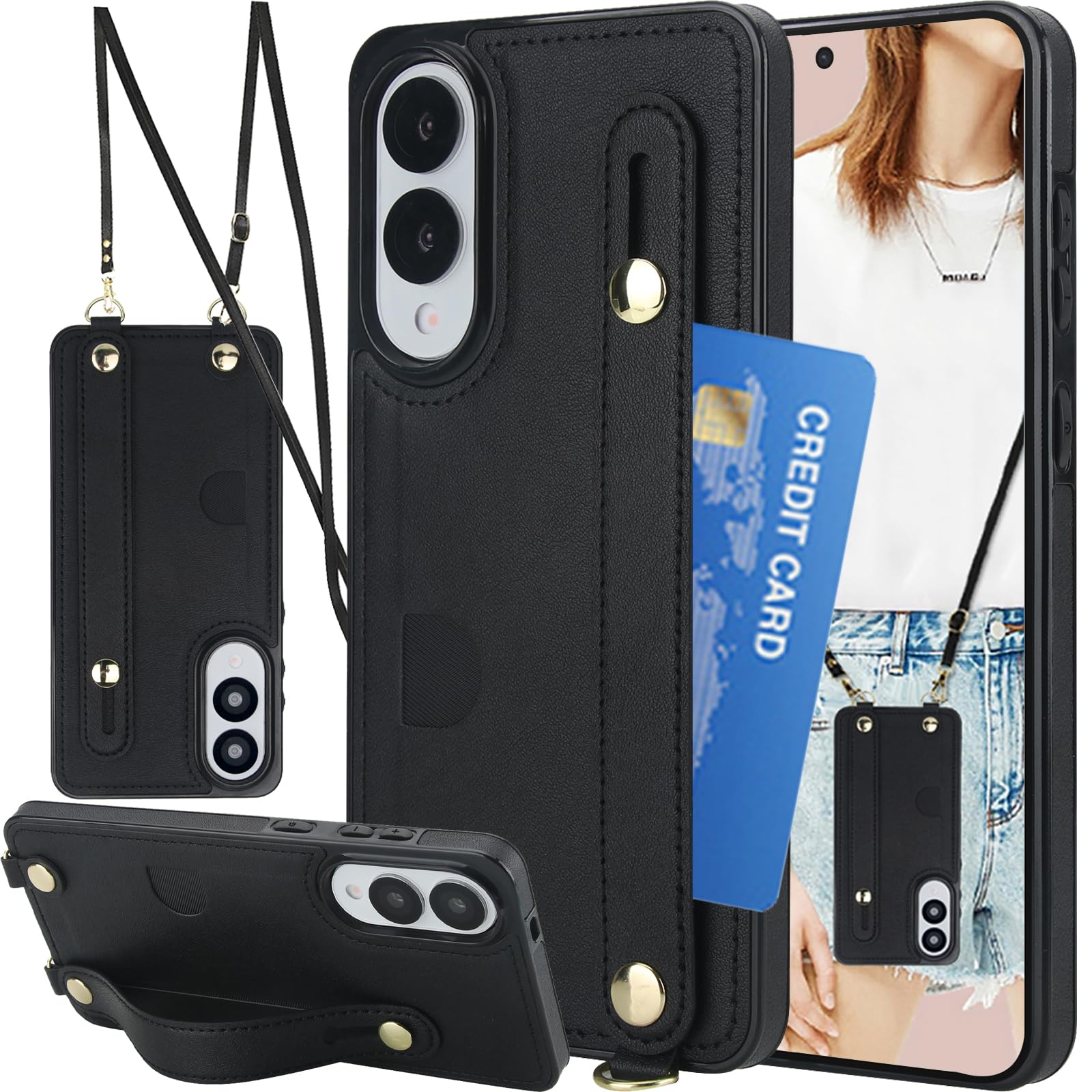 CCSmall for Samsung Galaxy S25 Edge Lanyard Strap Case with Card Holder, Adjustable PU Leather Crossbody Cover with Wristband Kickstand Wallet Phone