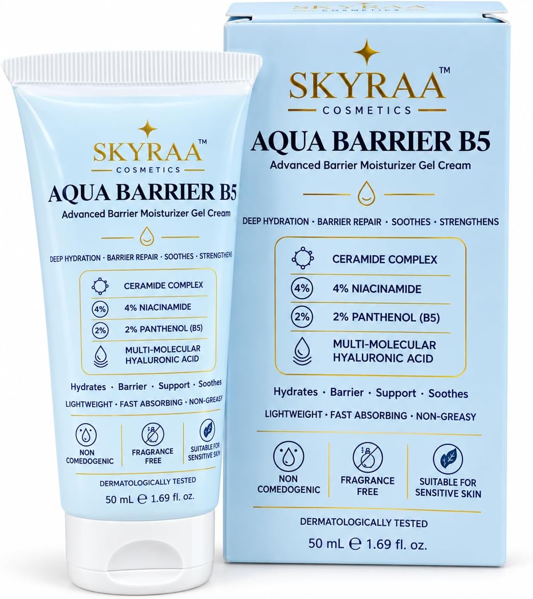 AquaBarrier Gel Cream for Face | Ceramide Complex + Multi Hyaluronic Acid + Ectoin | Lightweight Non-Greasy Moisturizer for Barrier Repair & Deep Hydration | Sensitive Skin Friendly | 50 g