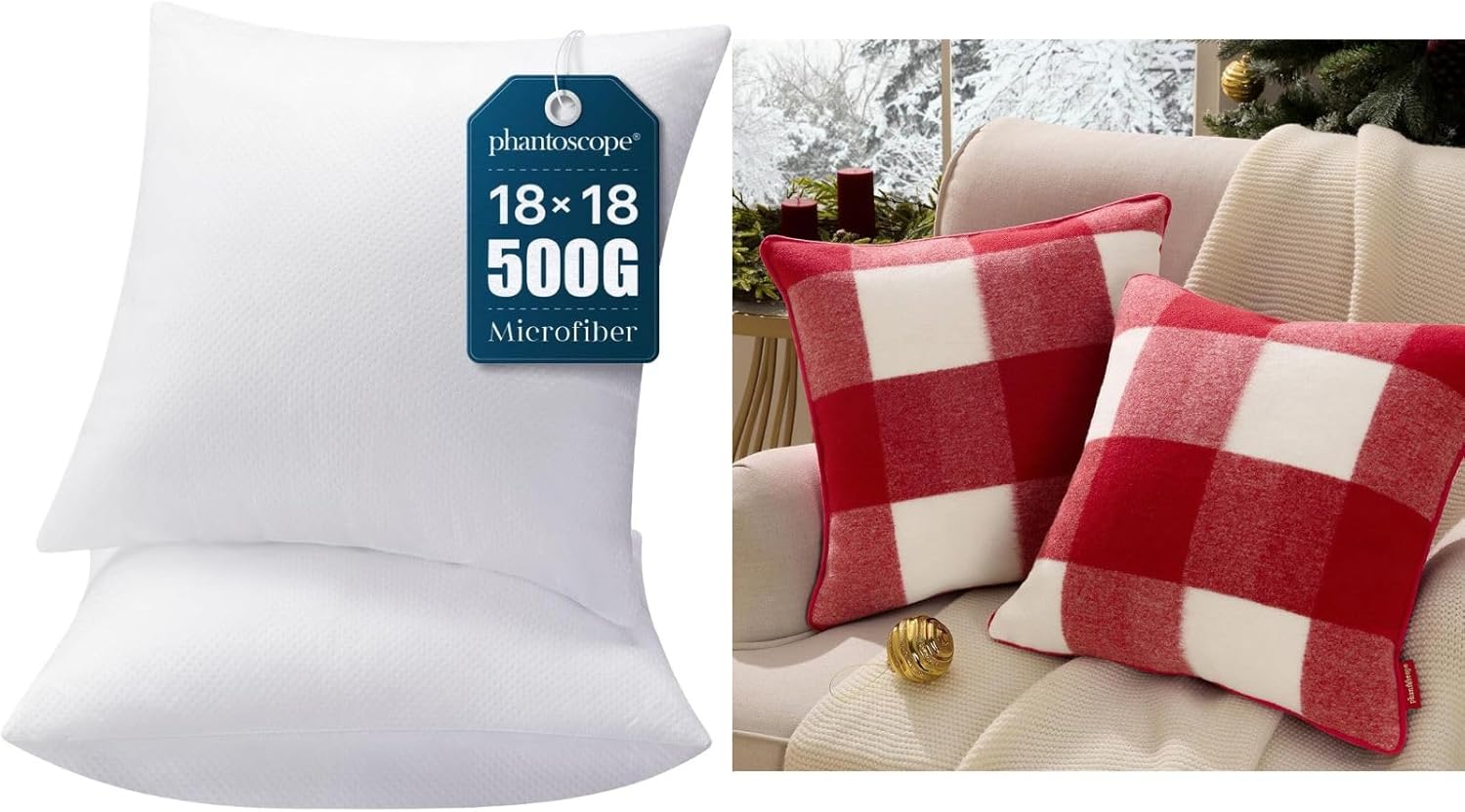 Phantoscope Bundle - 100% Virgin Fiber Hypoallergenic Polyester Throw Pillow Inserts 18x18 Inch (Pack of 2) Pack of 2 Christmas Throw Pillow Covers, Premium Faux Wool Buffalo Check 18 x 18 inch