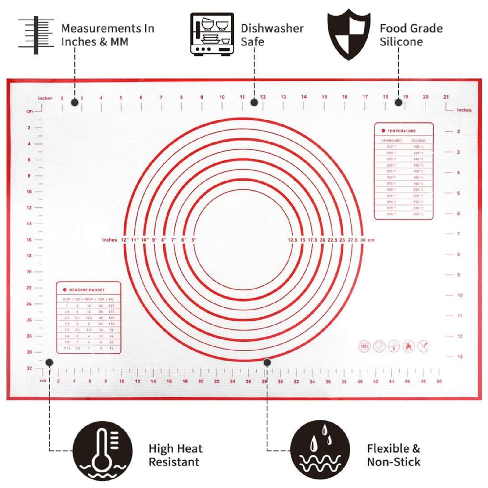 Rodillo ajustable de acero inoxidable de 17 pulgadas, alfombrilla de silicona para hornear, antiadherente, almohadilla de rodillo para masa de fondant, forro para horno, rojo