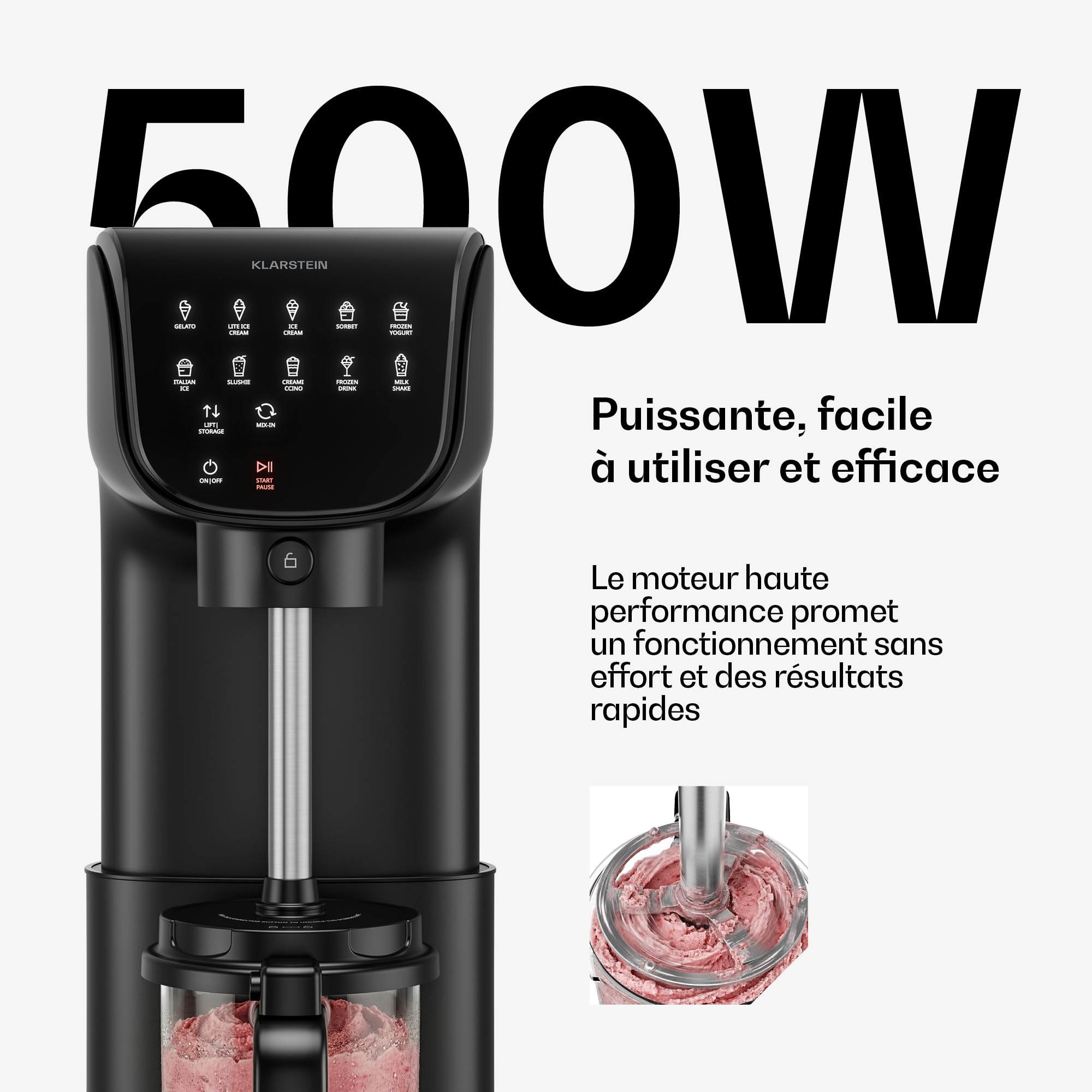 Klarstein Velaire Sorbetière – Machine à glace 500 W, 3 bacs de 0,6 L (1,8 L au total), 10 programmes, écran tactile, yaourt glacé et sorbet