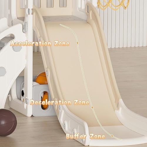 Miniatura 7 de YUFU Tobogán 5 en 1 para niños pequeños, tobogán para niños con escalador, aro de baloncesto y pelota, juego para interiores y exteriores para niños