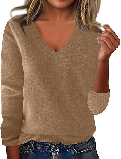 OIOLOYJM Fall Cashmere Sweaters for Women 2025 V Neck Long Sleeve Tops Knitted Pullovers Lightweight Merino Wool Sweater