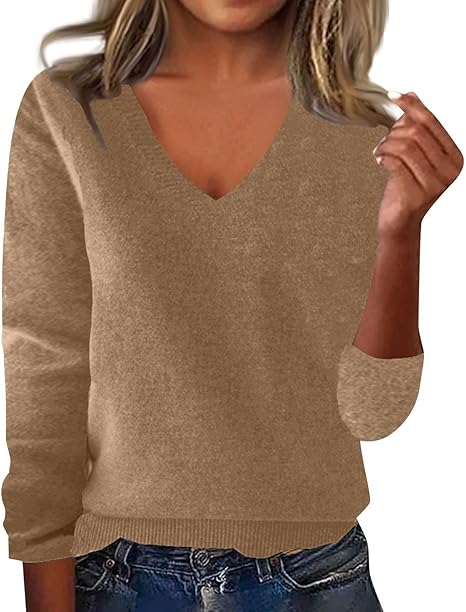 OIOLOYJM Fall Cashmere Sweaters for Women 2025 V Neck Long Sleeve Tops Knitted Pullovers Lightweight Merino Wool Sweater