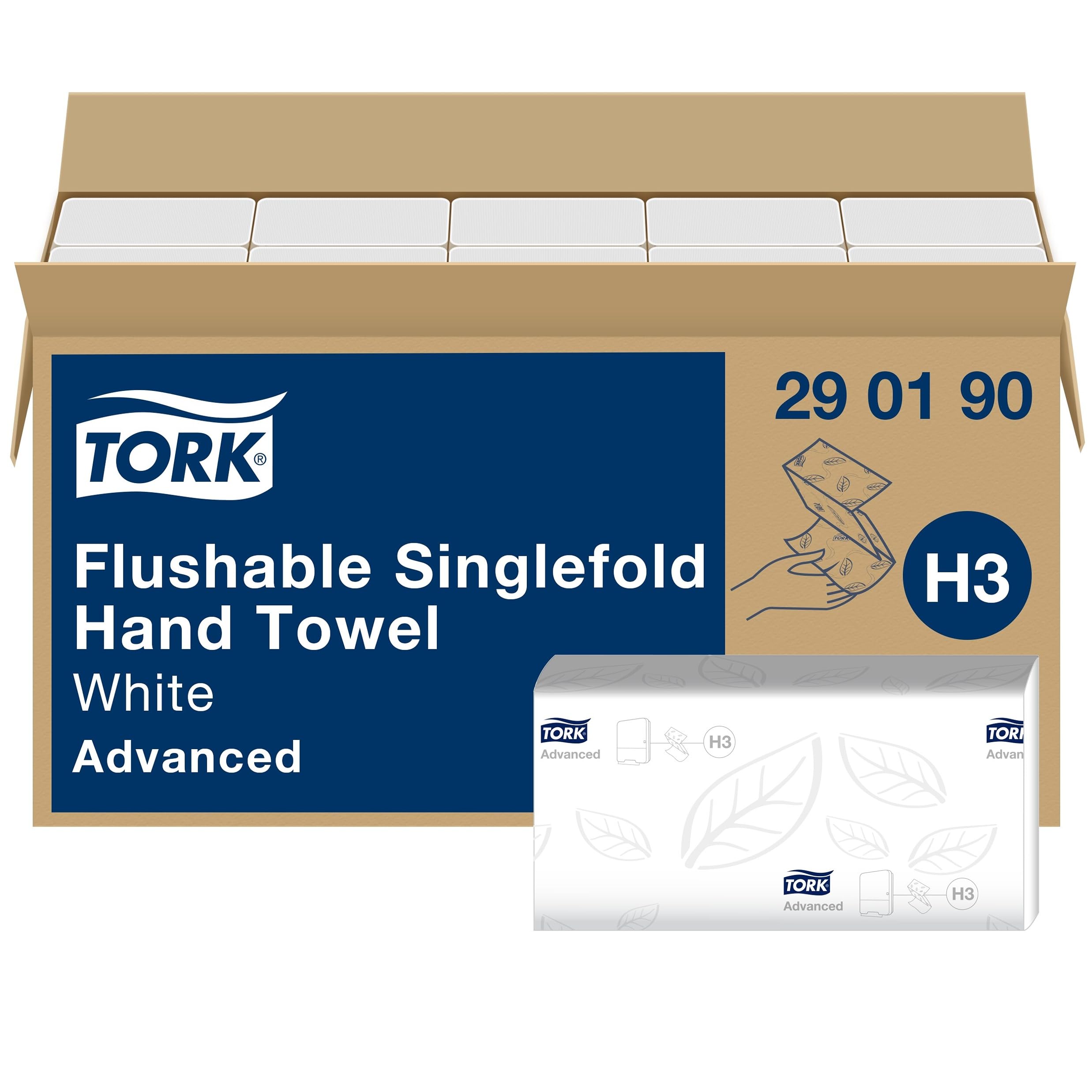 Flushable Singlefold Hand Towels Advanced 290190 - H3 Advanced Folded Paper Towels for Singlefold Dispenser - Absorbent, Tear-Resistant, 2-Ply, White - 15 x 250 Sheets,11.5 x 23 centimetre