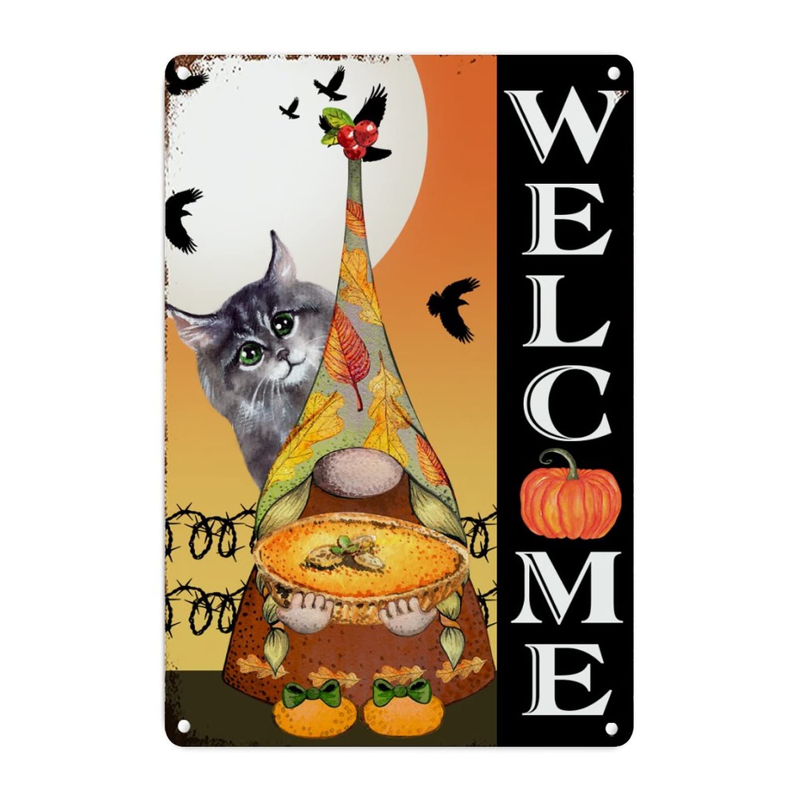 Décoration murale d'automne avec ce panneau en métal gnome et citrouille shabby chic