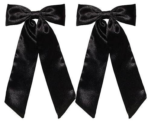 Furling Pompoms Pinzas para el cabello con cola larga, 2 pinzas para el pelo de cinta negra para mujer, pasadores de lazo de satén, lazos grandes