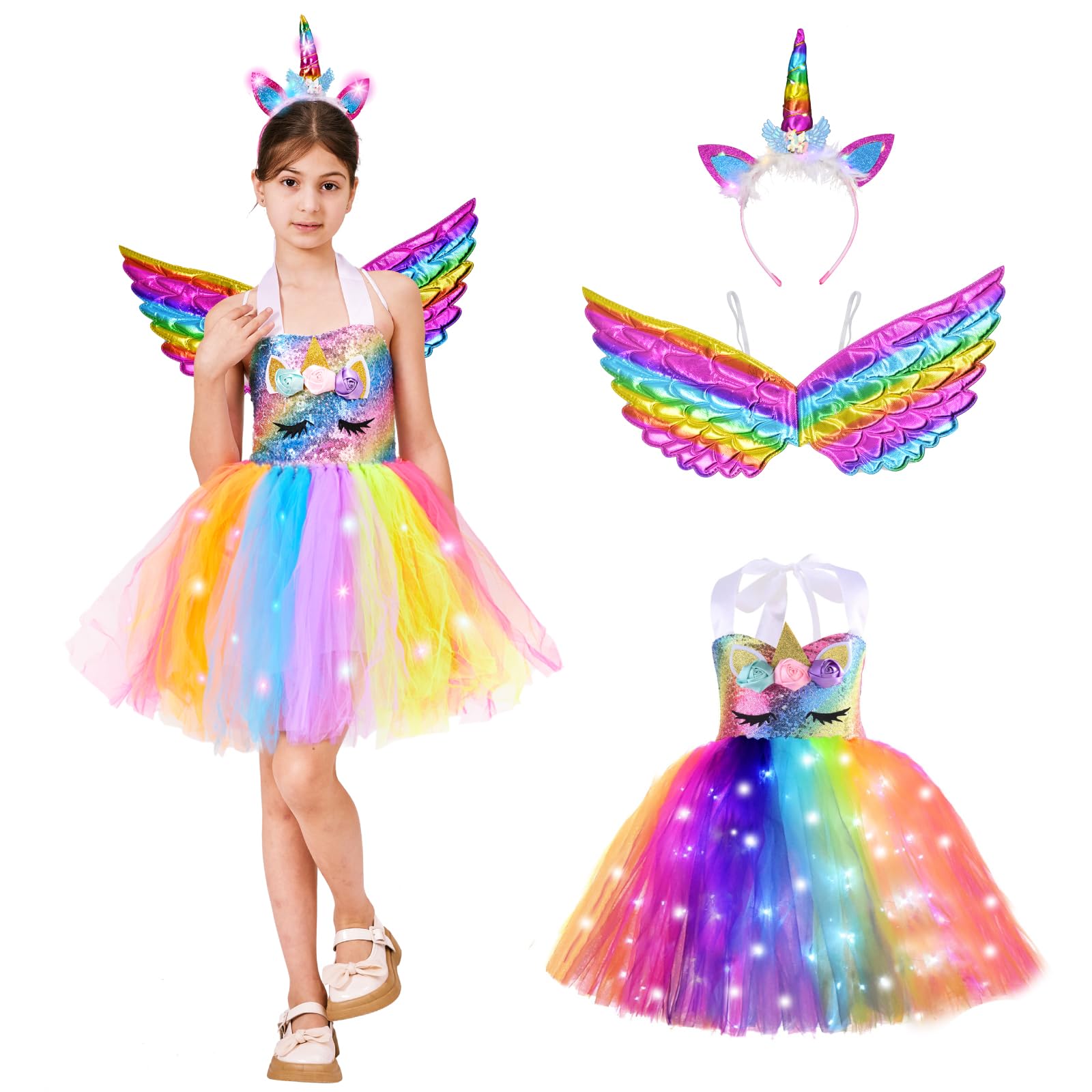 ZUCOS Disfraz de unicornio para niña con luces tutú, vestido de princesa, para cumpleaños, Halloween, carnaval (3-4 años, arco iris B)