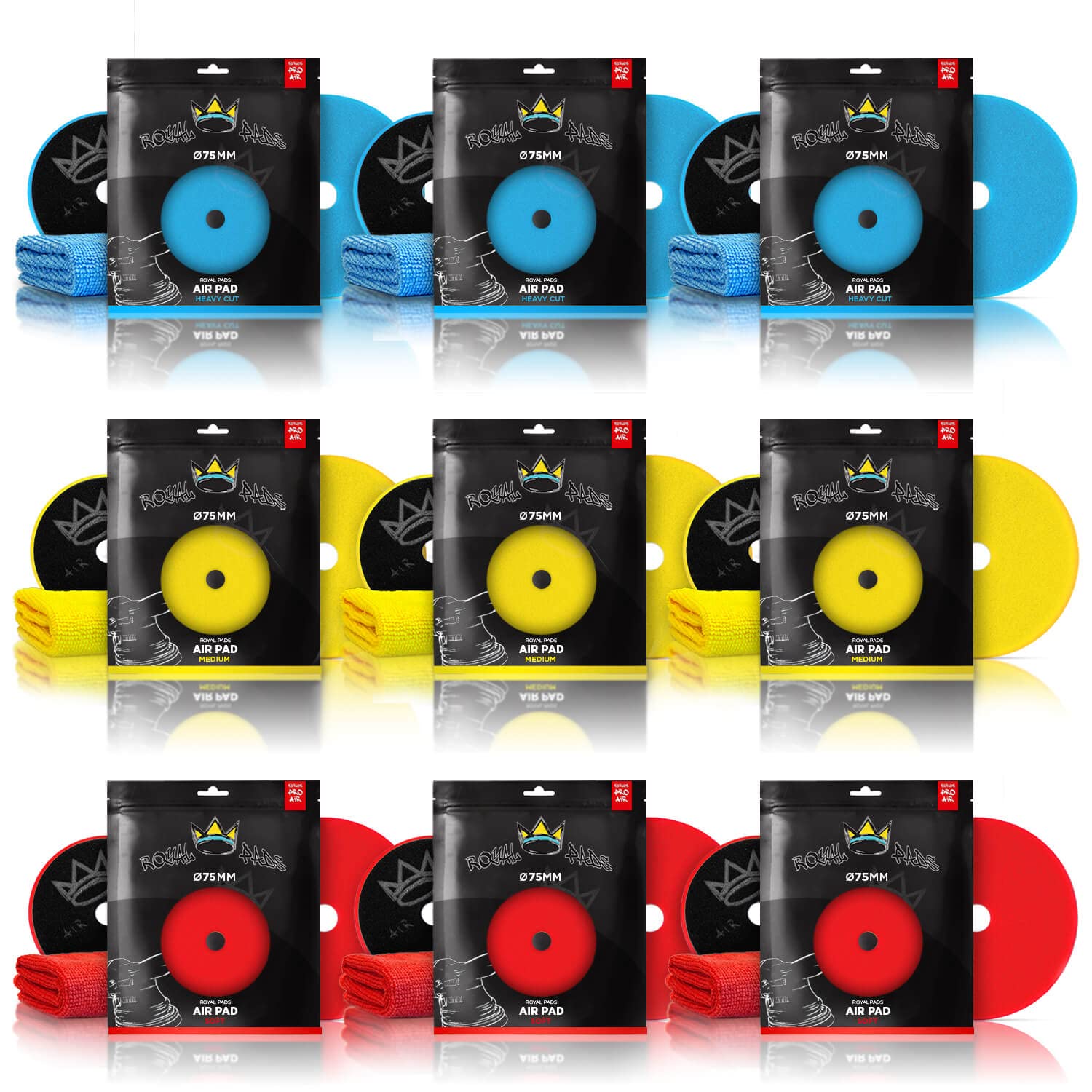 Royal Pads AIR Polierpad Polierschwamm für Ø75mm Stützteller: 9X Polierpad + 9X Mikrofasertuch | 18-teiliges Sparset