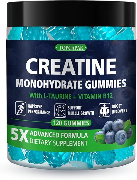TOPCAPAK Creatine Monohydrate Gummies for Men & Women - Blueberry Flavor, Raspberry-Shaped - Chewable Creatine Gummy with Taurine & Vitamin B12, 5g Creatine per Serving, 120 Gummies