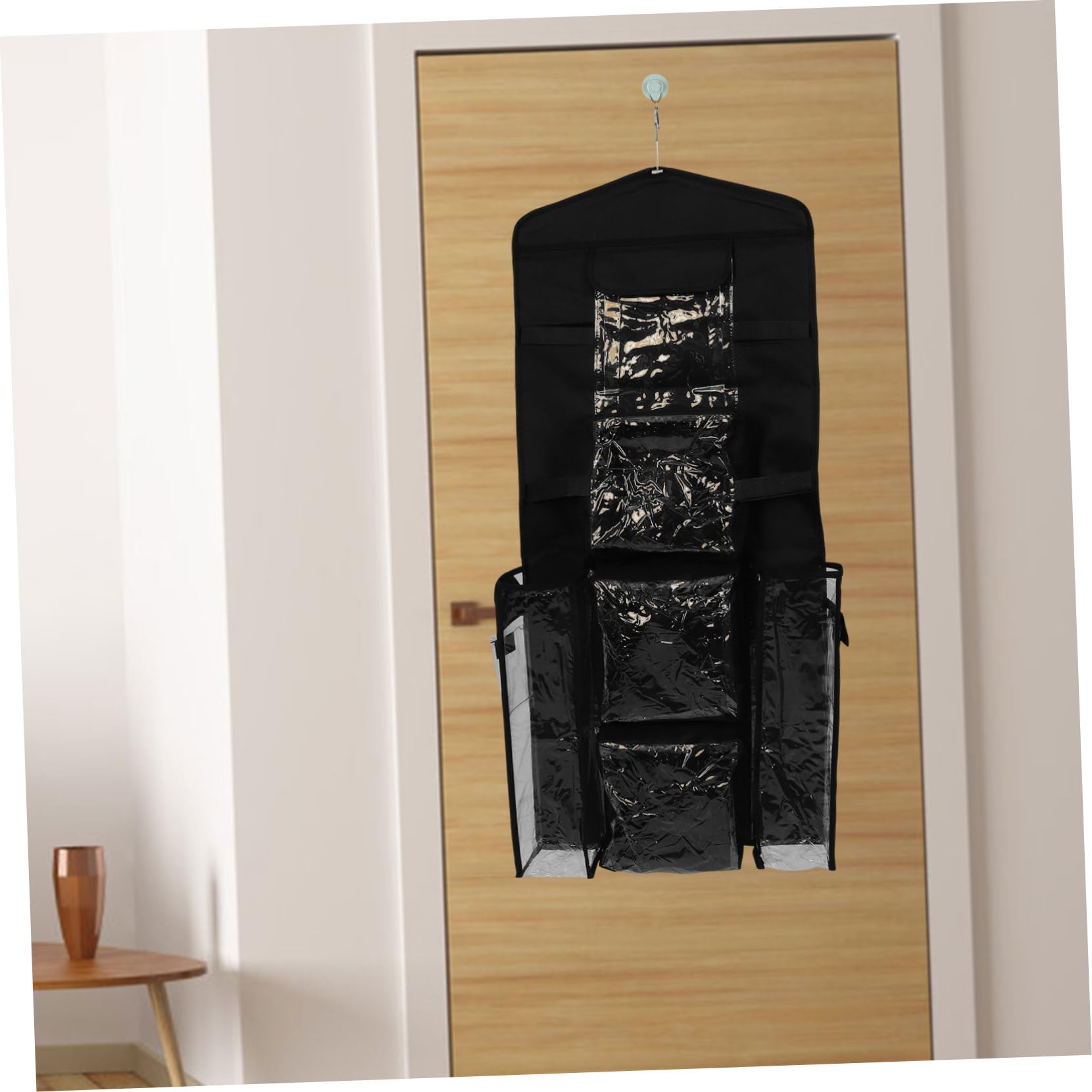 Hängender Geschenkpapier Organizer mit Haken, Schwarz, Polyester | Tür oder Schrank, Langlebige Kunststoff Details, Schlankes Minimalistisches Design