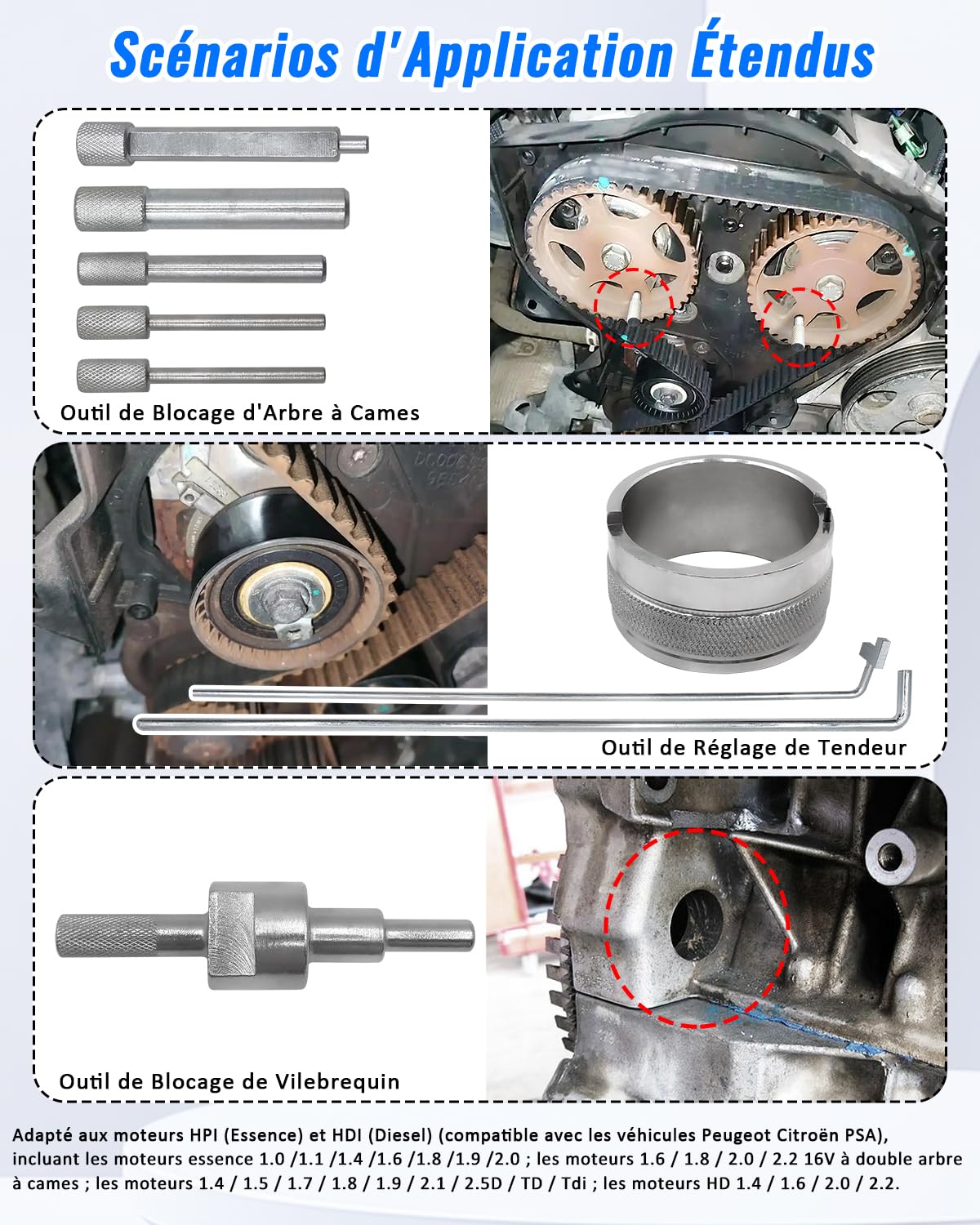 Kit d'Outils de Réglage Calage Moteur, Jeu d'Outils de Blocage et de Réglage d'arbre à Cames et de Vilebrequin Compatible avec Peugeot, Citroen, Moteurs Diesel & Essence PSA Dual TDI HDI PSA