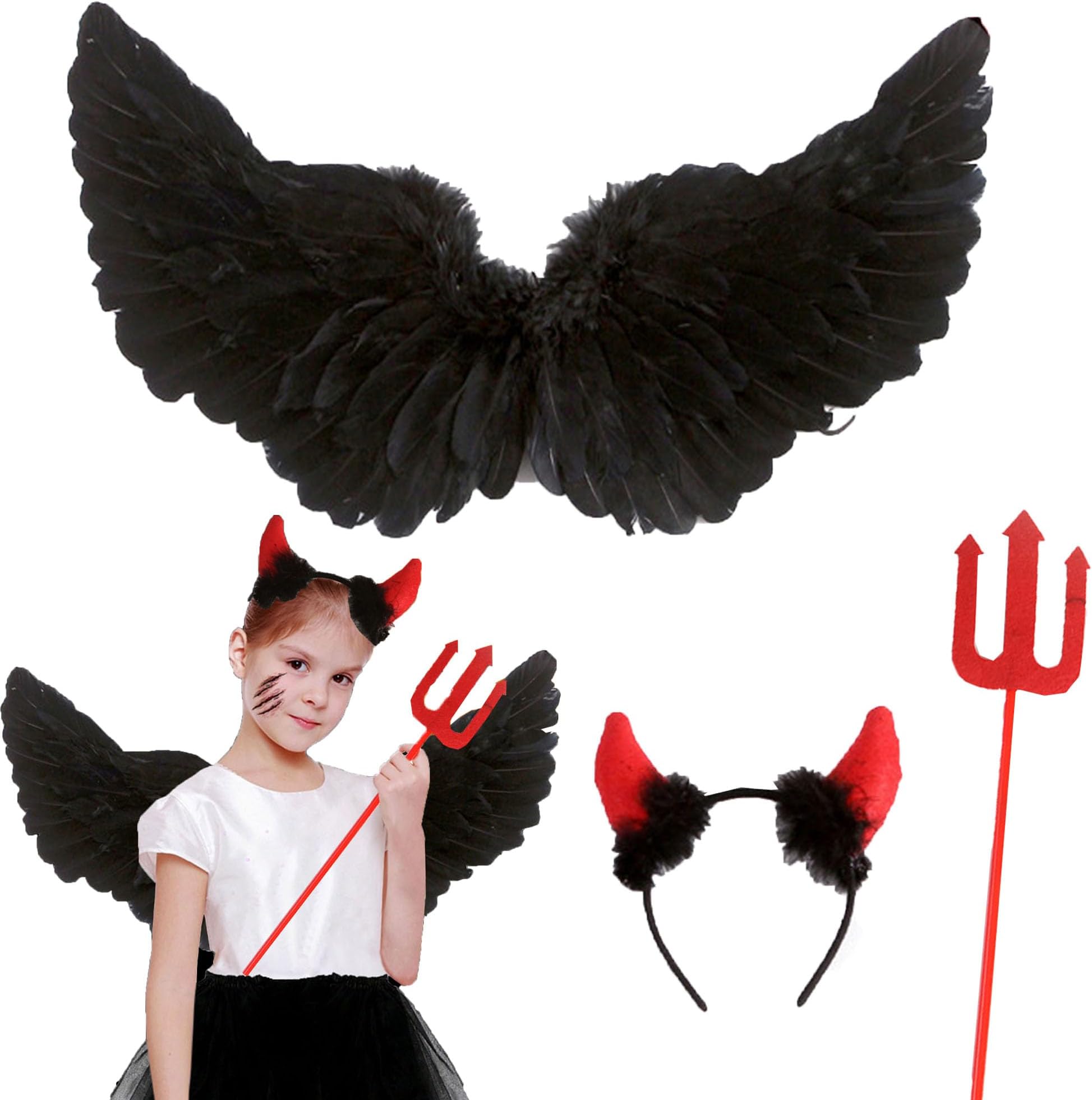 MZSXHalloween wings, black angel wings, devil horns, devil fork, Halloween party, feather wings angel for carnival party, fancy dress costumes, suitable for body sizes from 80 cm - 125 cm
