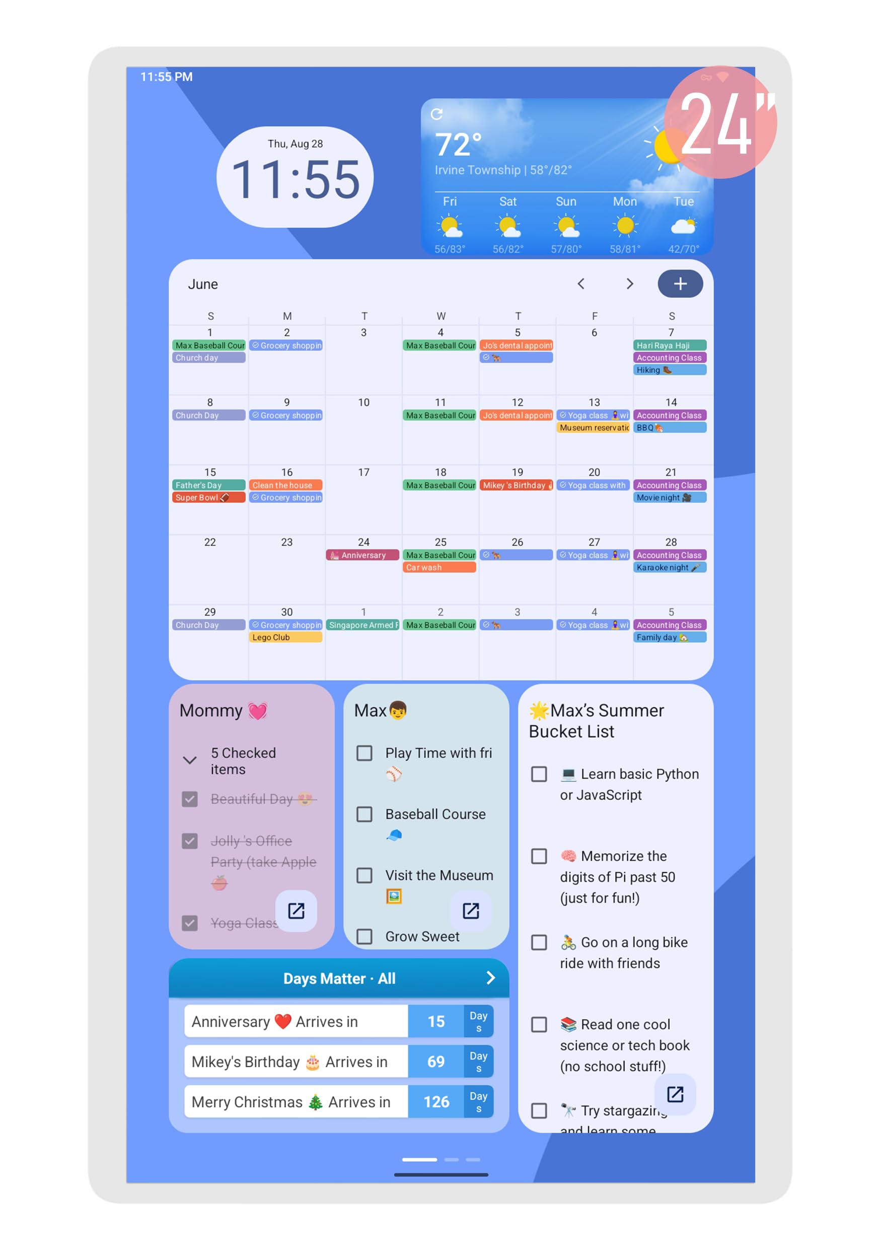 Digitaler Kalender Pro: 61 cm (24 Zoll) Wand-Touchscreen-Aufgabendiagramm zum Anpassen von Dashboard, Android-Tablet, intelligenter Kalender, digitaler Kalender für Familie, Mahlzeitenplaner