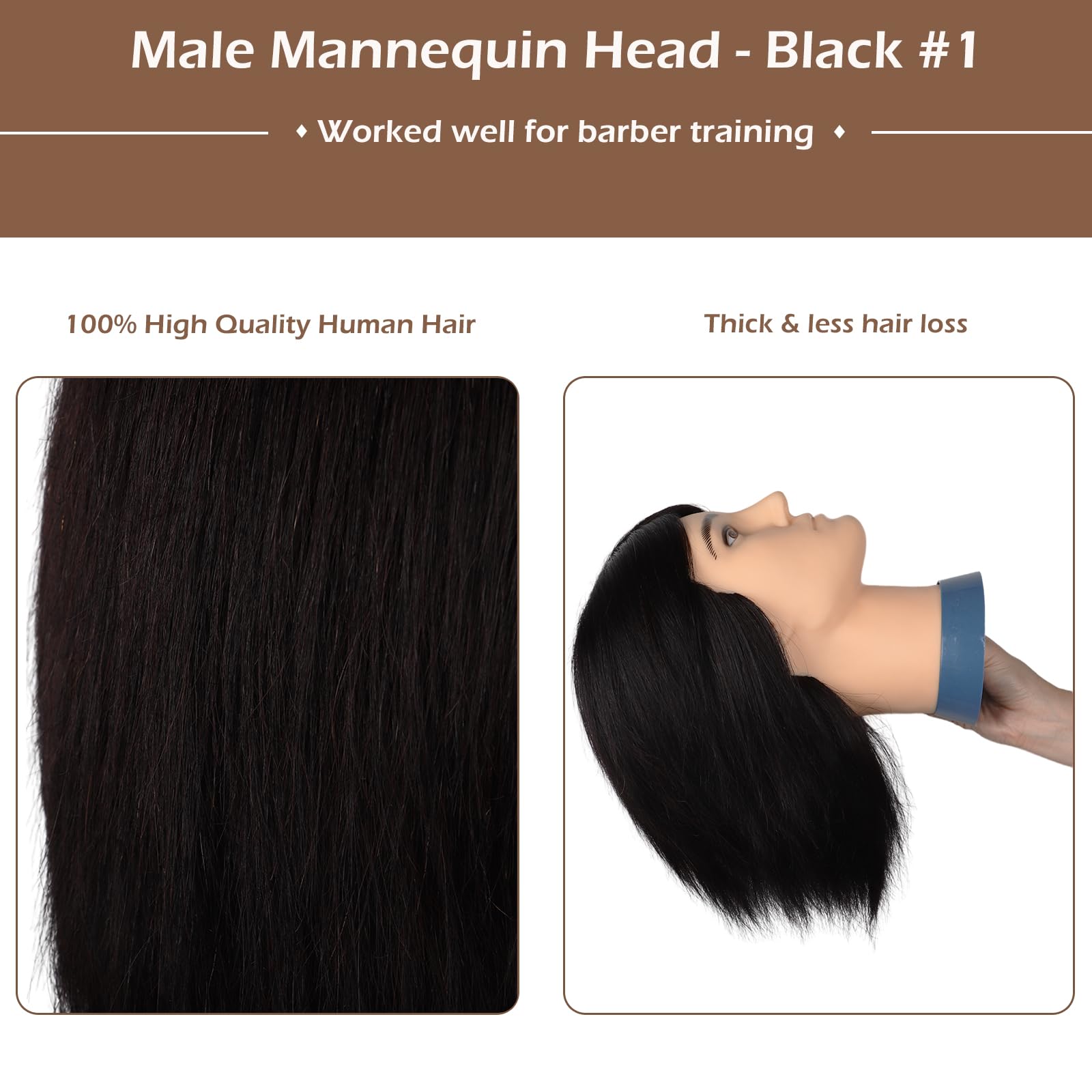 Męska głowa fryzjerska, w 100% z prawdziwych włosów, głowa do ćwiczeń, z włosami, głowa fryzjerska, manekin, głowa lalki z zaciskiem stołowym (kolor czarny, 35 cm)